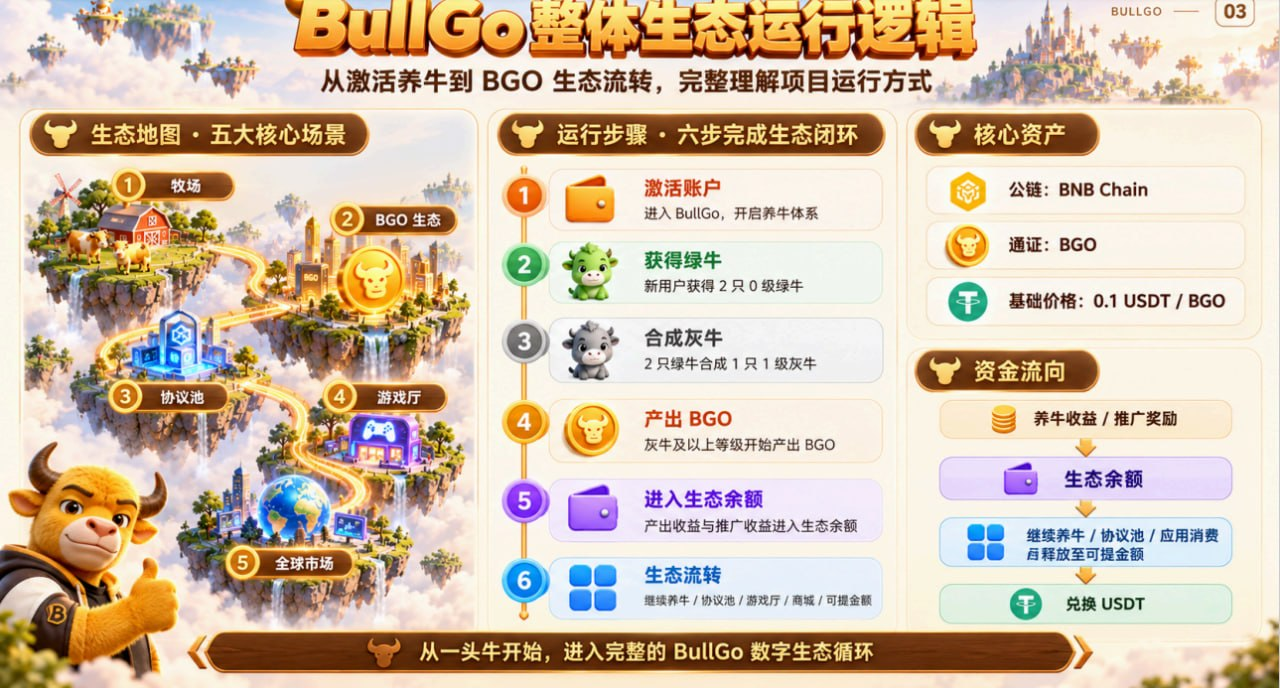 BullGo整体生态运行逻辑：五大核心场景、六步生态闭环及核心资产与资金流向